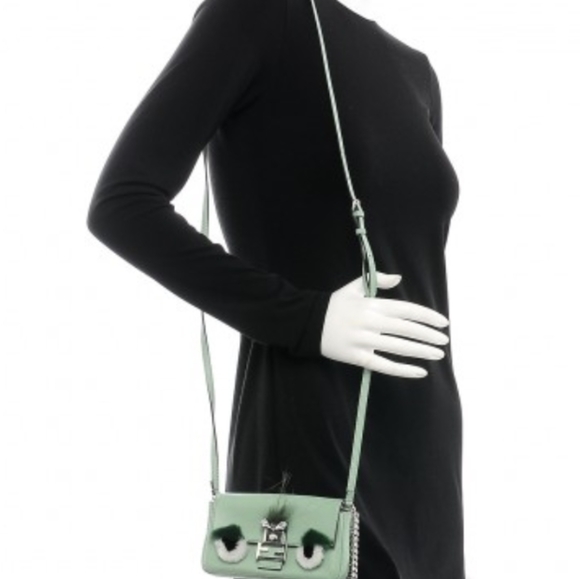 Fendi Handbags - FENDI Light green Leather and Fox Fur Micro Buggie Baguette Bag